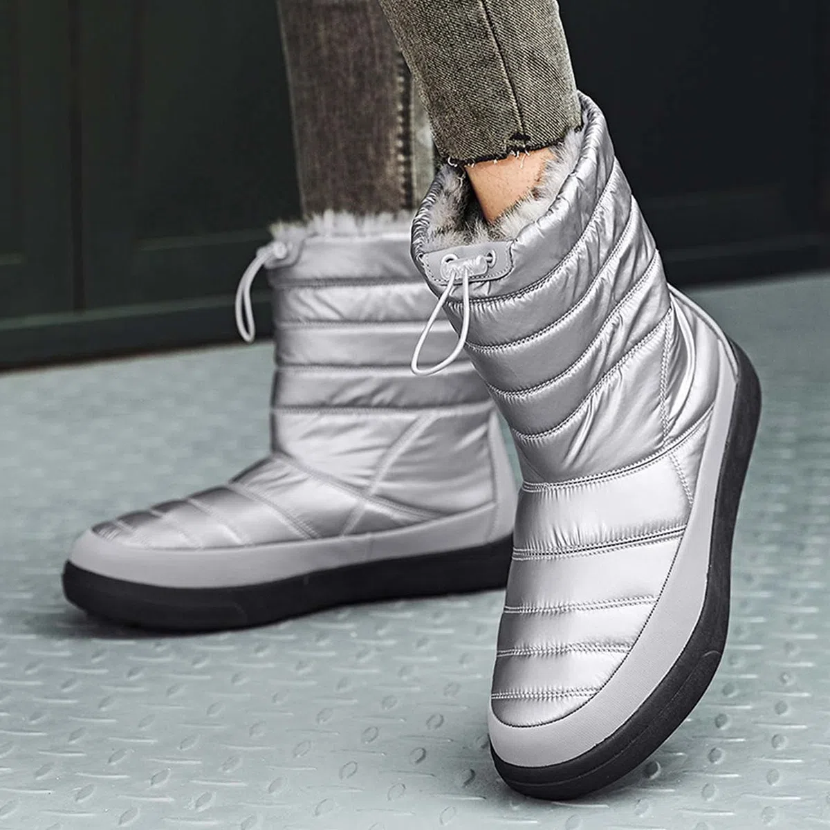 Botas de nieve para mujer invierno cálido forro de piel al aire libre sin cordones en botines impermeables zapatillas de deporte, gris, 38 EU