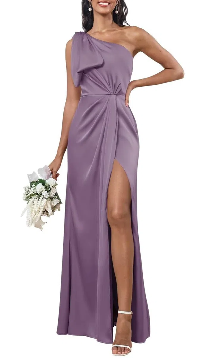 Vestido de dama de honor de satén con un hombro descubierto, plisado, sin mangas, vestido formal de noche para fiesta