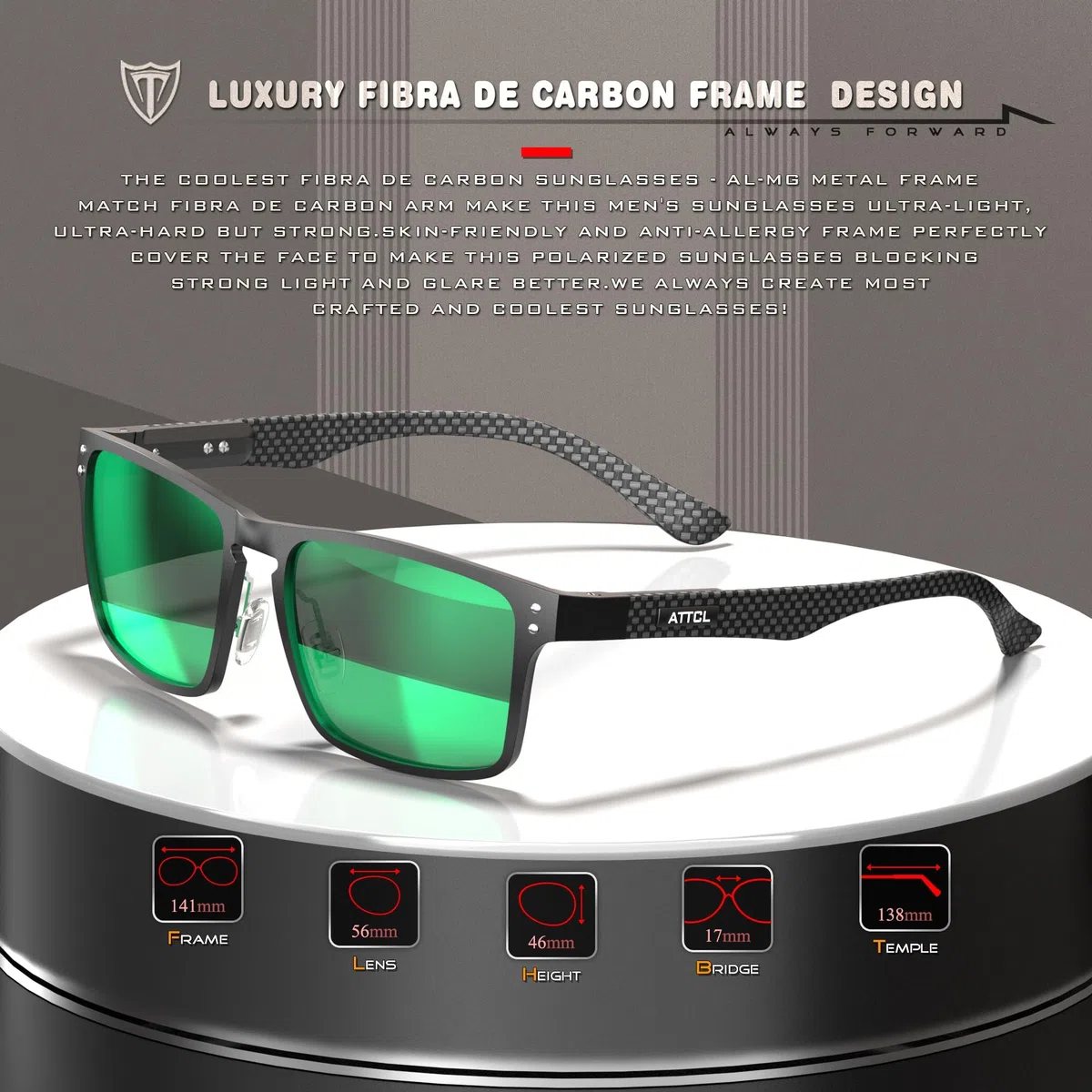 ATTCL Gafas de sol polarizadas clásicas para hombre con marco de metal rectangular y fibra de carbono, protección UV400