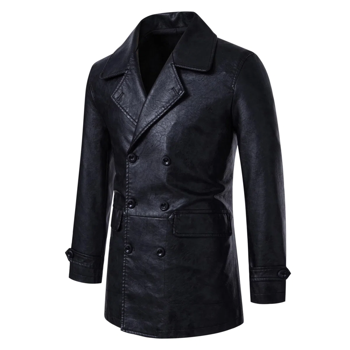 Chaqueta blazer cruzada de piel sintética para hombre, estilo motero, corte entallado, abrigo formal, elegante chaqueta de vestir.