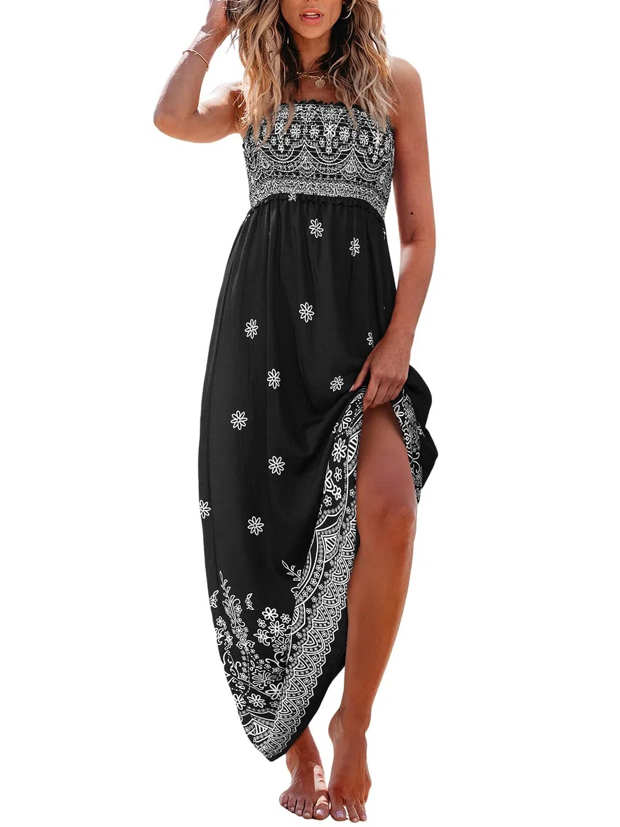 CUPSHE Vestido largo para mujer, floral, fruncido, sin mangas, con volantes, tirantes delgados, vestido formal largo para la playa