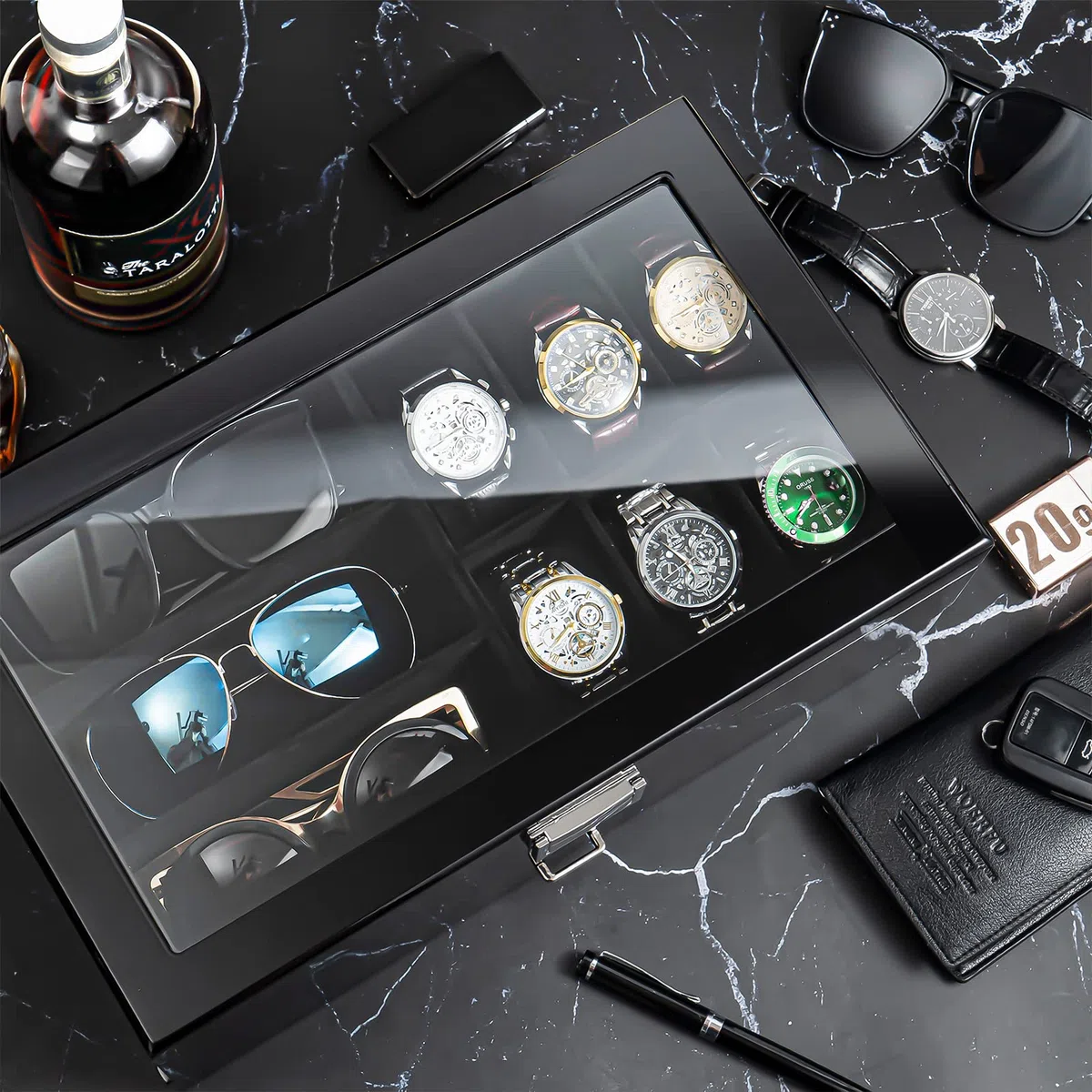 ProCase Caja para Relojes y Gafas, Estuche para Reloj y Joyero Almacenamiento con Tapa de Cristal Cajón para Anillos Pulseras -Negro