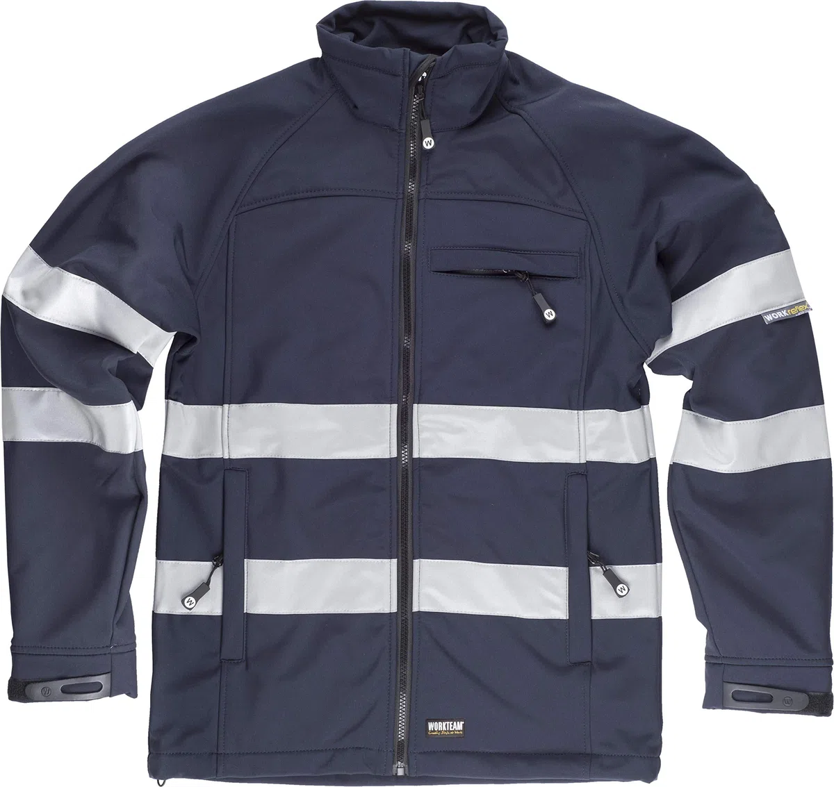 Work Team Chaqueta Workshell con Cintas Reflectantes. Cuello Alto y Cierre de Cremallera de Nylon. Solapa Protectora Interior Vuelta en la Parte Super Hombre