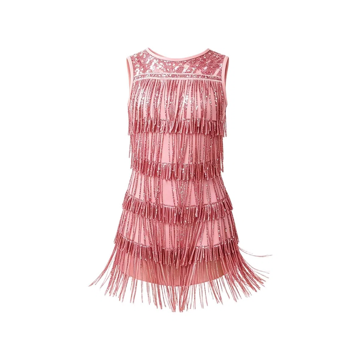 Vestido Ajustado sin Mangas con Lentejuelas y Flecos para niñas, Cuello Alto, Espalda Abierta, Ideal para Baile Latino y Fiestas, Brillo Intenso, Tallas 6-14.