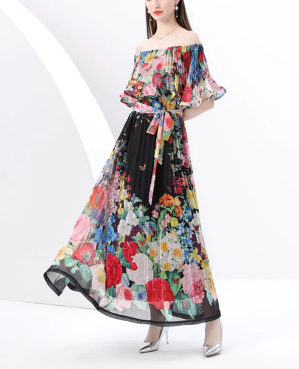 Elegante vestido largo con hombros descubiertos y estampado floral para mujer, para verano, casual, playa, vestido largo