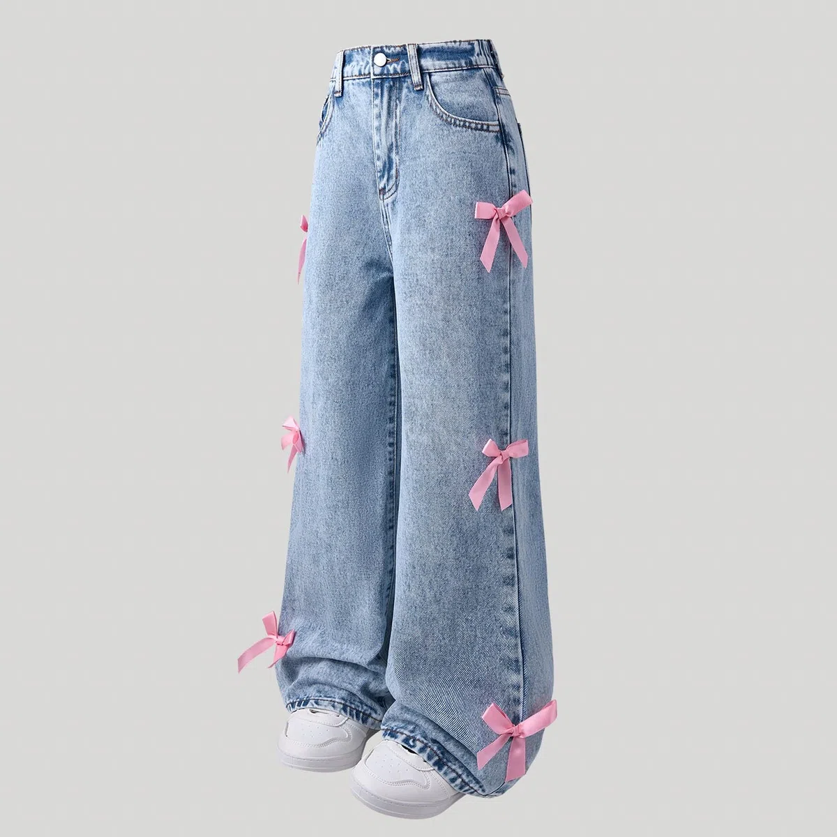 Pantalones para NiñAs-Pantalones Vaqueros Holgados De Pierna Ancha para NiñAs, Pantalones De Mezclilla con Cintura Alta EláStica, Lindos Pantalones con Lazo, Ropa De Calle Informal para NiñOs