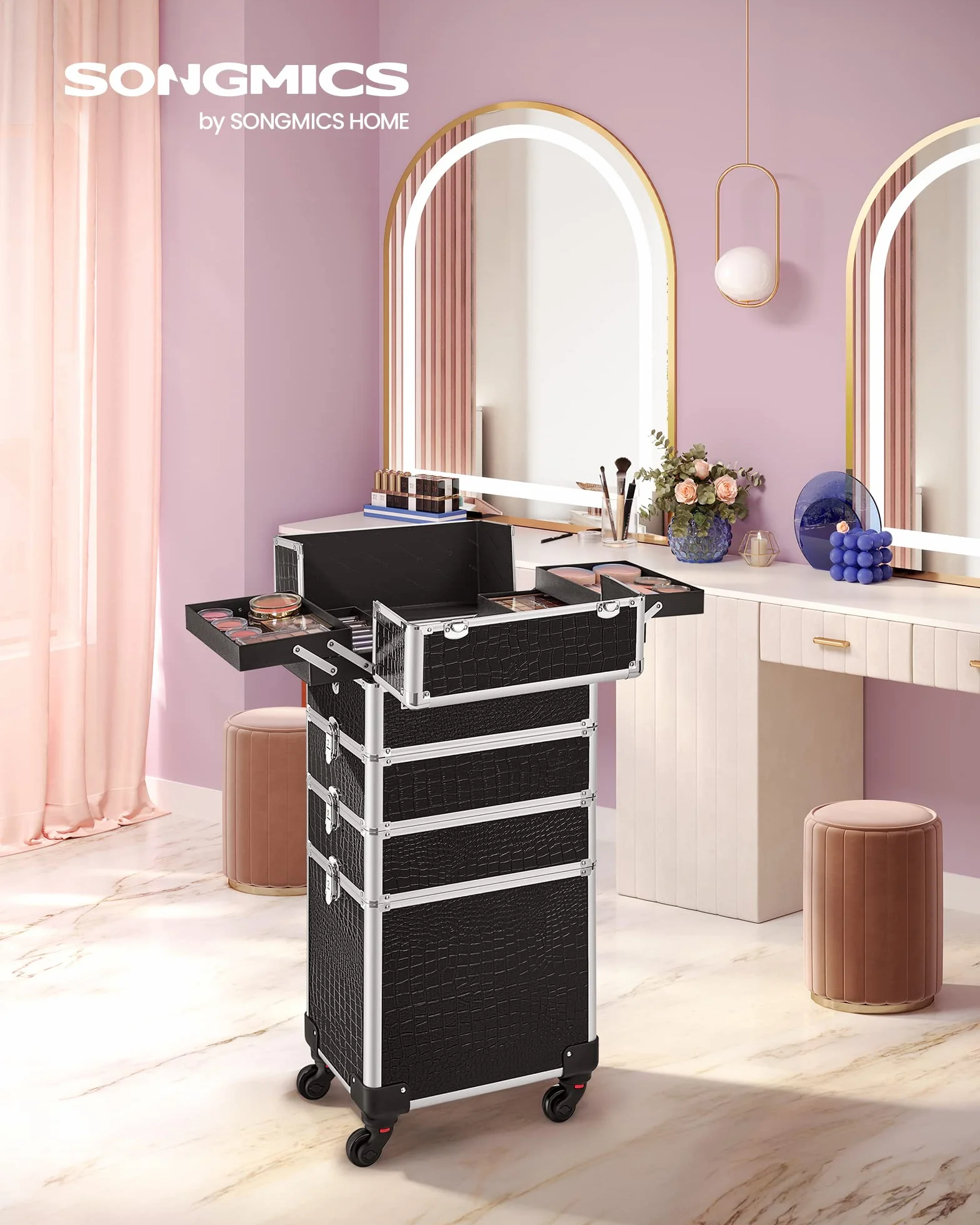 SONGMICS Maleta de Maquillaje Profesional, Maletín para Cosméticos 4 en 1, Extra Grande, Maletín de Peluquería, Con Tapa, 35 x 25 x 79 cm, Cerradura, Ruedas 360°, para Viaje, Regalo, Negro JHZ06B