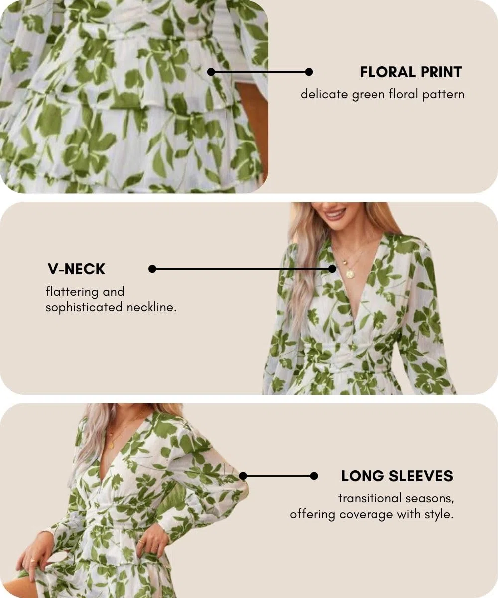 Leriya Fashion Minivestido de manga larga con volantes y cuello en V para mujer, elegante ropa casual de fiesta, ropa ligera de verano en capas