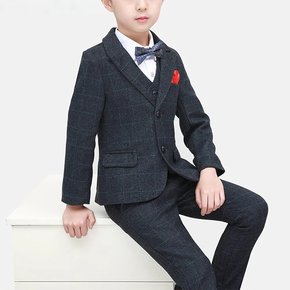 Conjunto de Traje a Cuadros Niños Traje de Fiesta de Bodas,6 Piezas Trajes Blazer+Camisa+Chaleco+Pantalones+Pajarita+Pañuelo de Bolsillo,Chicos Traje Formal para Ceremonio Bautizo Graduación Esmoquin