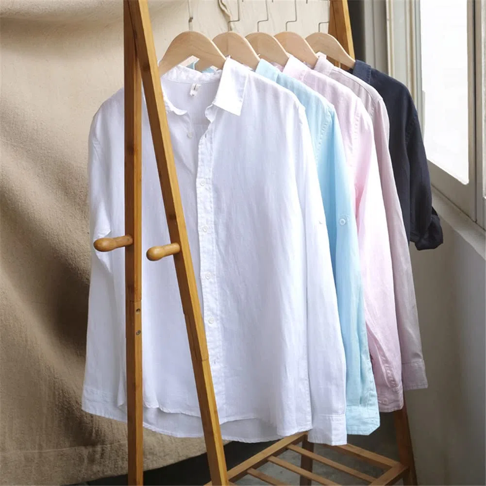 Vsadsau Camisa vintage de manga larga 100 % lino para hombre, estilo casual, L610 Azul Claro, 3XL