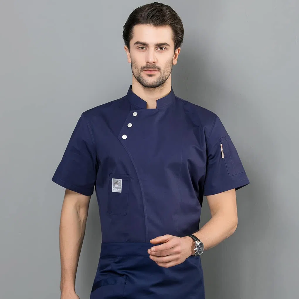 Chaqueta de chef, delantal de cocina, tres botones con bolsillos delanteros, ropa de verano, suministros de cocina para parrilla, restaurante, azul, XL