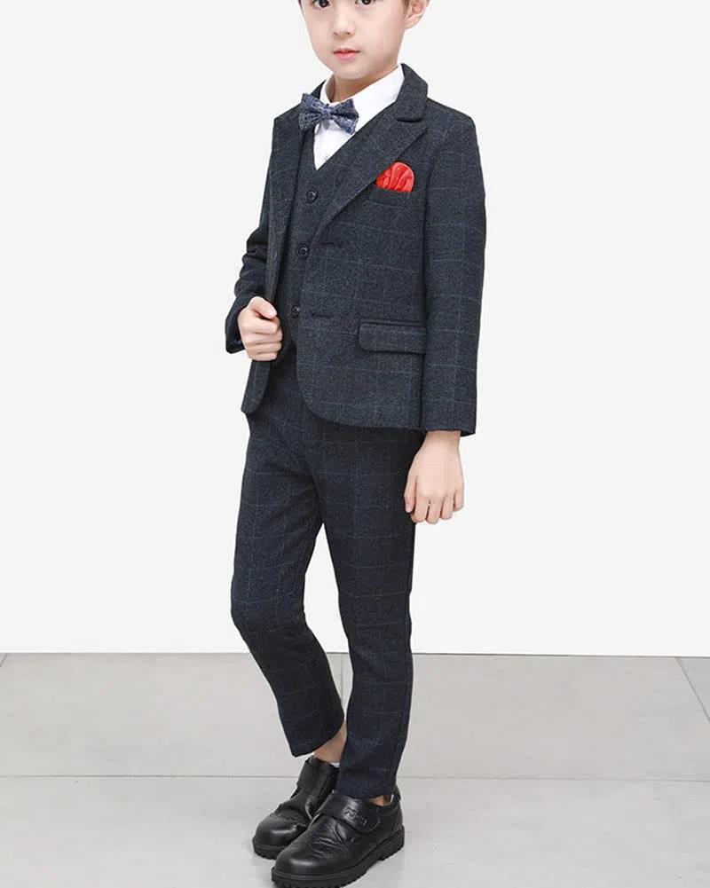 DAIHAN Traje Comunión de Tweed de niño Actuación Cumpleaños Fiesta de Bodas Traje de Fiesta de Esmoquin Pantalones de Chaqueta de Solapa con Pajarita Conjunto de Trajes de Bautizo de Caballero