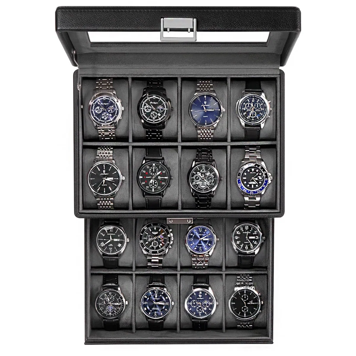 Caja para Relojes para Hombre, Organizador de Joyas con cajón, Estuche de exhibición con Tapa de Cristal - Negro, 16 Ranuras