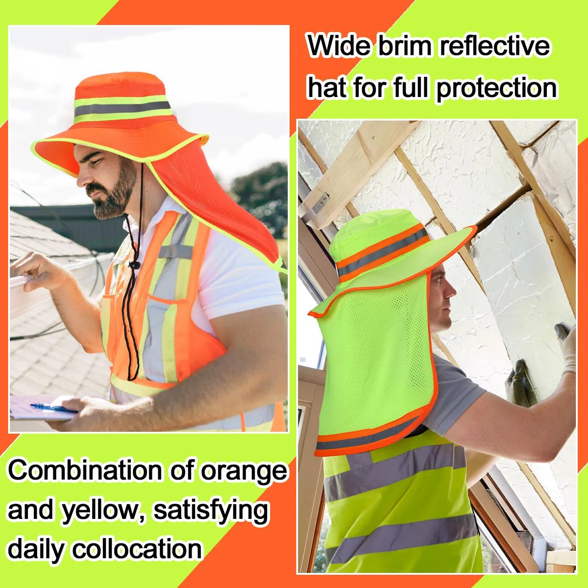 6 sombreros de seguridad reflectantes de alta visibilidad con solapa para el cuello, sombrero tipo boonie de ala ancha, sombreros de trabajo transpirables para trabajadores