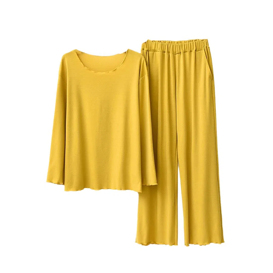 Conjunto de pijama cómodo de algodón suave y elegante con cuello redondo para mujer, amarillo, talla única