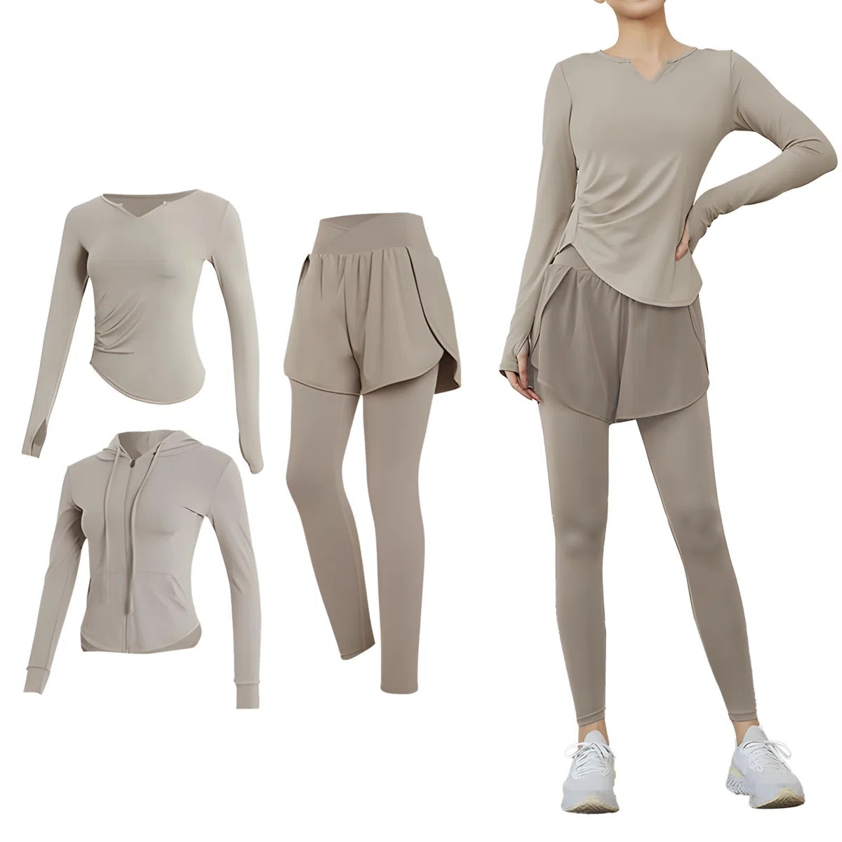 Conjunto de 3 piezas de fitness para mujer, chaqueta XXL, leggings y pantalones cortos, tela transpirable antibolitas, perfecto para gimnasio y yoga, Gris, talla única