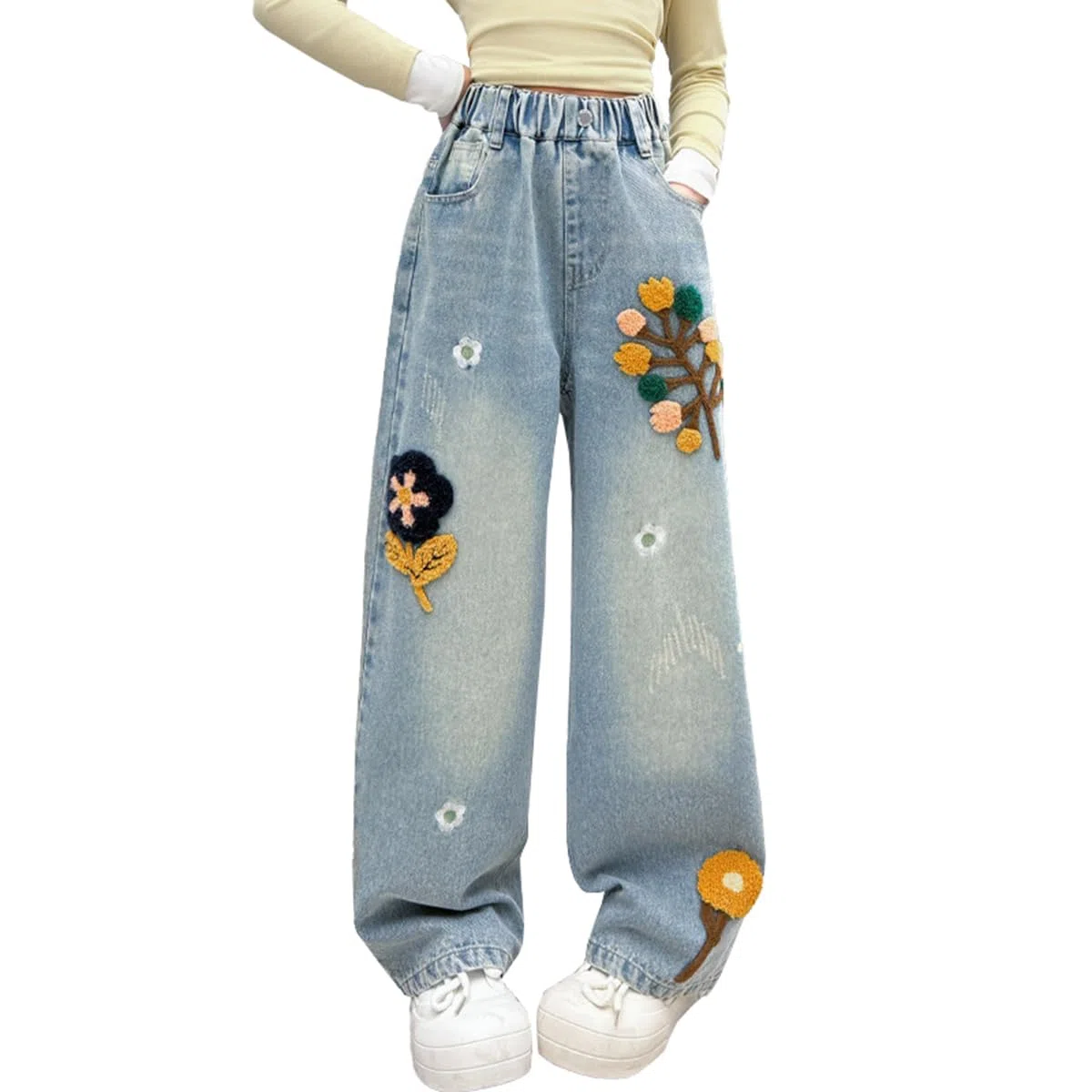 HBER Jeans holgados de pierna recta para niña, estilo casual, Y2K, bonitos pantalones de mezclilla bordados con cintura elástica para niños, adolescentes y niñas