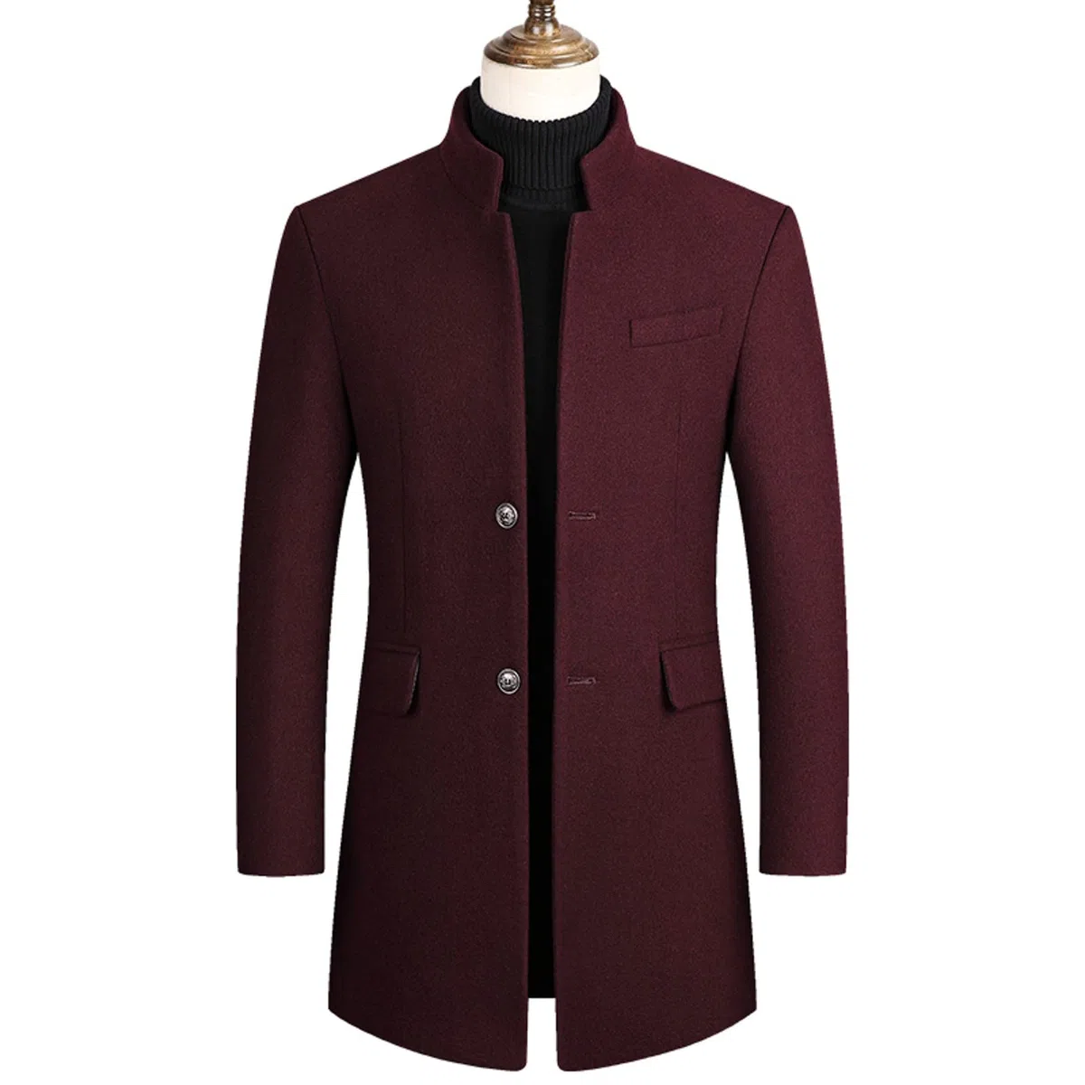 Abrigo de lana y gabardina para hombre | Diseño de longitud media de un solo pecho con cuello alto y tela de lana gruesa | Chaqueta cálida de invierno para un estilo casual elegante, ropa ajustada