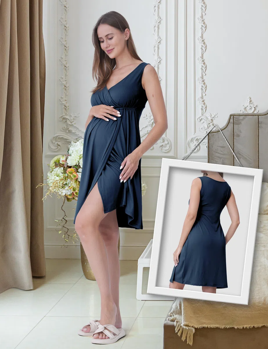 SUNNYBUY Camisón de maternidad y lactancia con bata, 2 piezas, juego de vestido de noche 3 en 1 para el parto, el parto y la lactancia, ropa de dormir hospital, azul marino, S