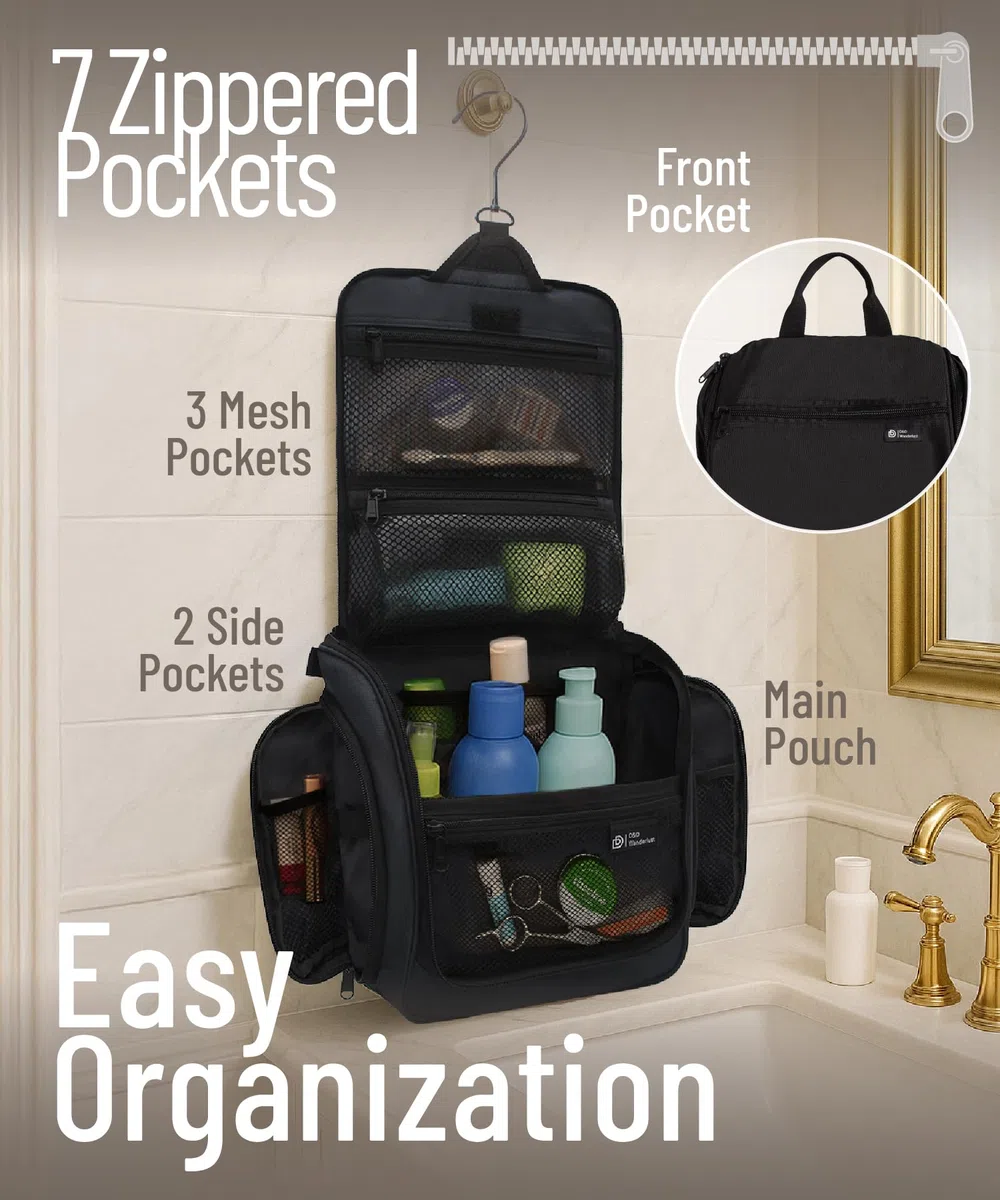 D&D Bolsa De Baño De Viaje Para Colgar Hombre/Mujer Gran Almacenamiento Cosméticos, Maquillaje, Artículos De Inodoro, 19 Compartimentos De Cremallera YKK, Gancho Giratorio Metal XXL, Nylon Impermeable