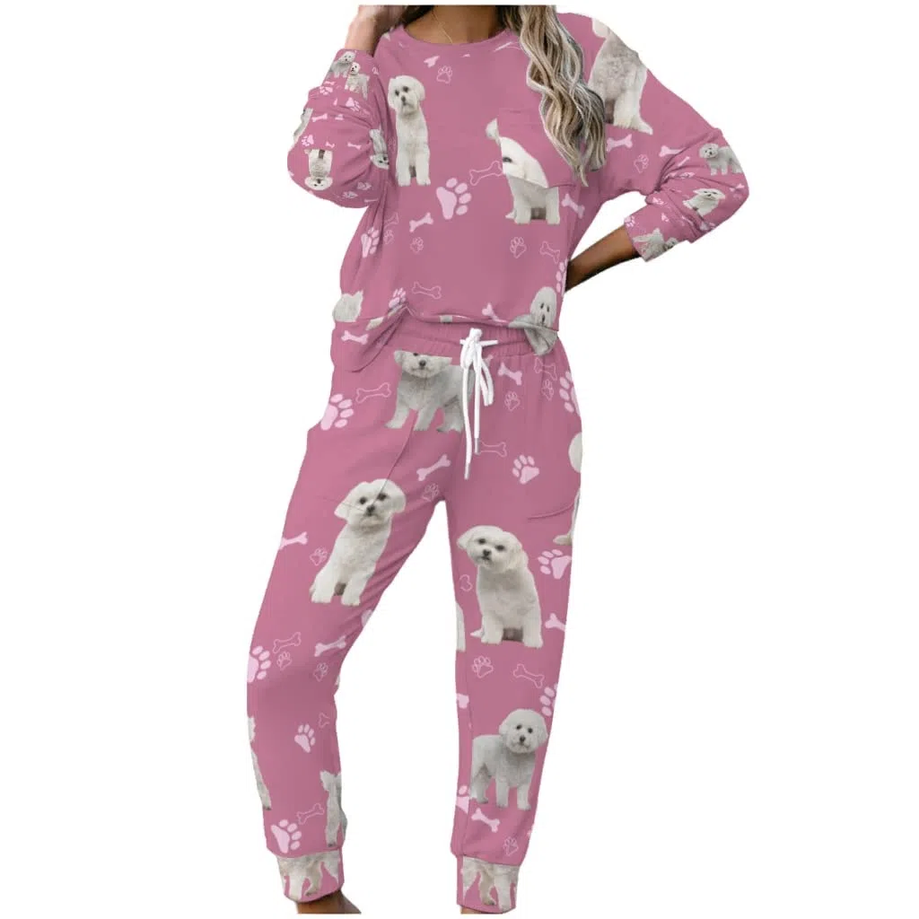 Conjunto de pijama para mujer, traje de jogging, traje de casa Bichon Frise, color rosa, ropa de dormir para mujer, pijama de manga larga, 2 piezas, trajes deportivos, suéteres y pantalones,
