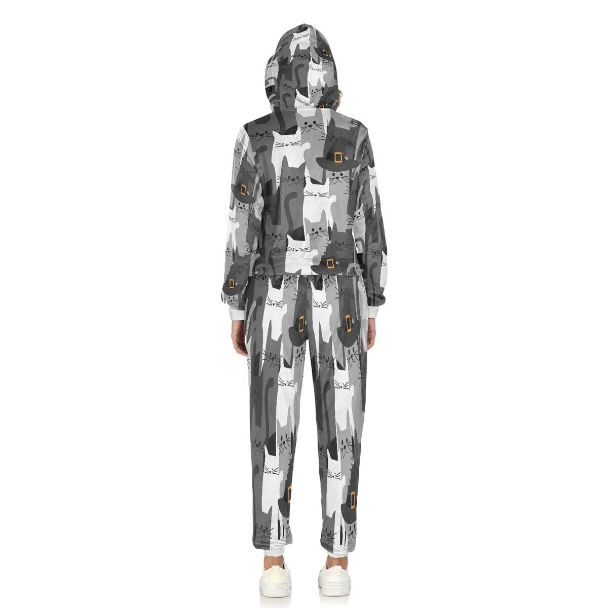 Conjunto deportivo de 2 piezas para mujer, conjunto deportivo de manga larga, diseño de gato, color negro