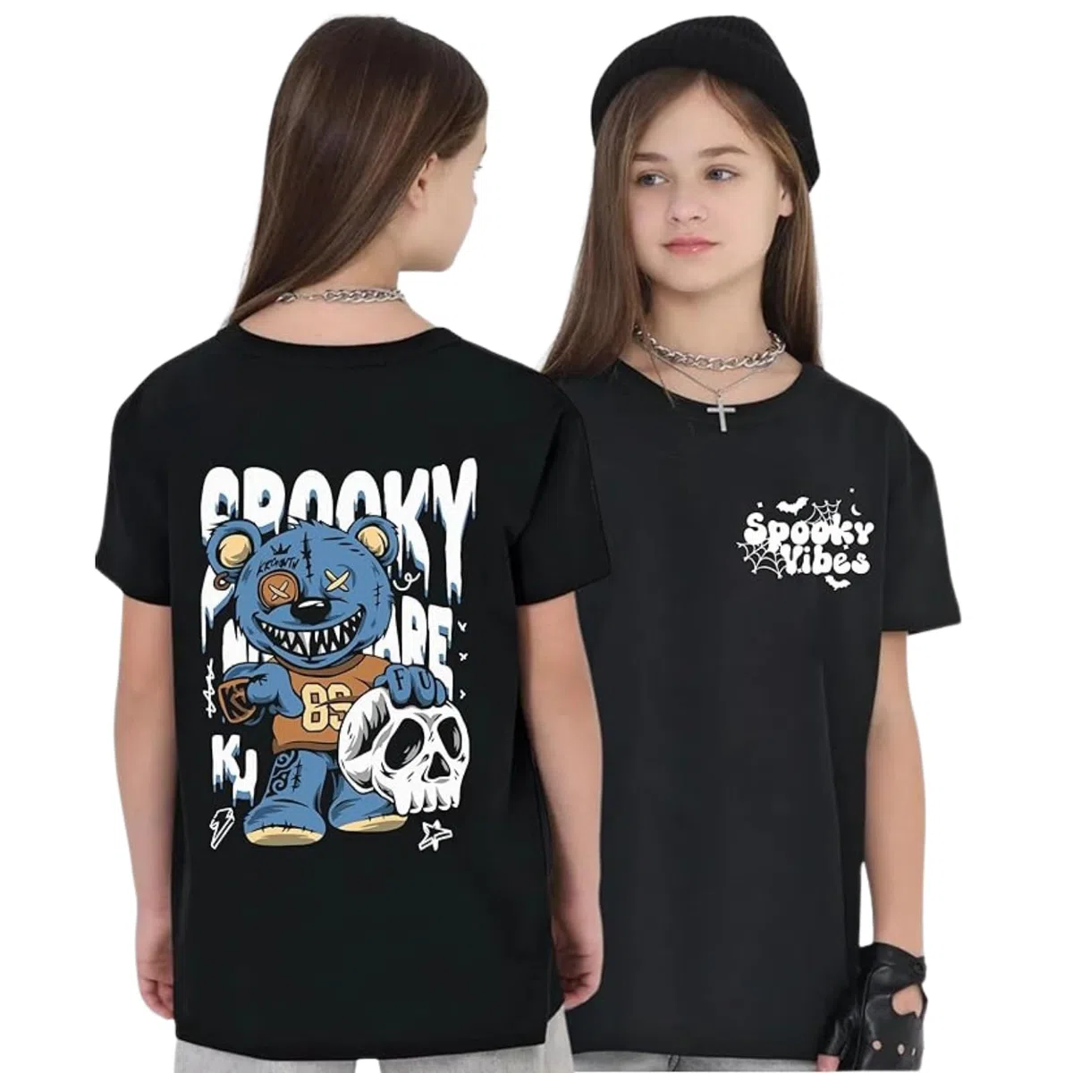 Uniplanet Store Camiseta negra de mezcla de algodón, media manga, ajuste regular, espalda espeluznante, estampada, color negro