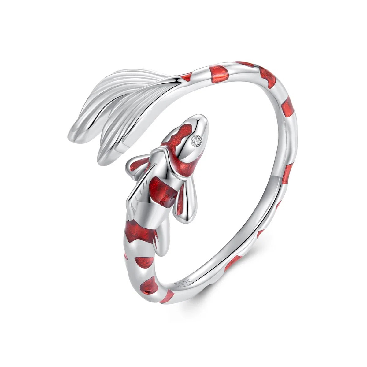 Anillo Abierto Ajustable con Forma de pez de Plata de Ley S925 para Mujeres y Adolescentes