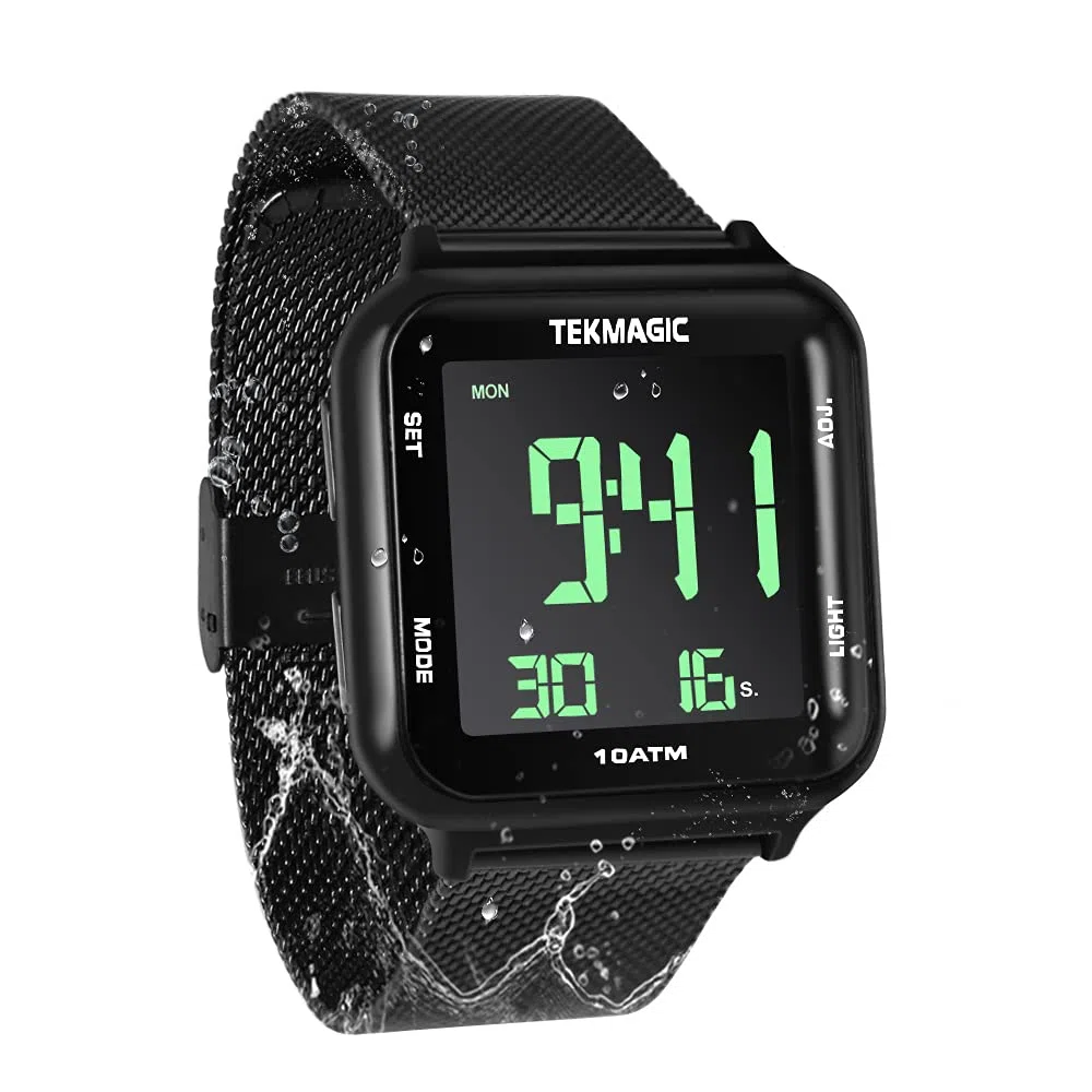 Reloj resistente al agua 10 ATM 100 m sumergible reloj acero con funciones de alarma, cronómetro, doble huso horario, calendario, formato 12/24 horas seleccionable