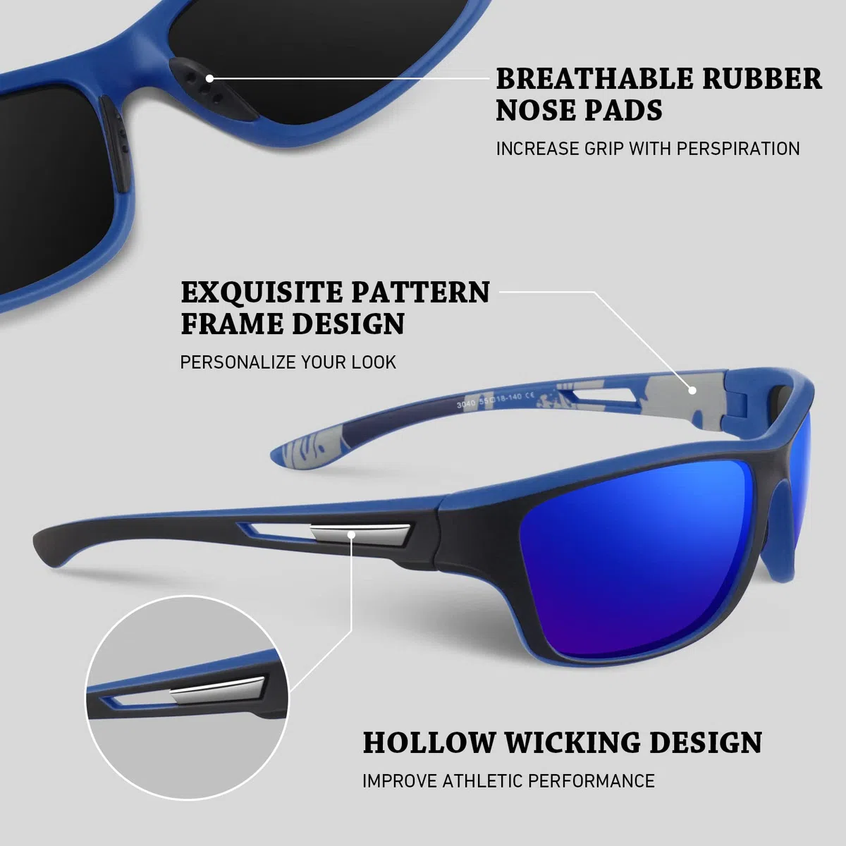 Gafas de sol polarizadas para hombres y mujeres, gafas rectangulares de conducción de pesca, protección UV400, Marco negro/lente ahumado + marco negro/lente espejo azul oscuro, Medium