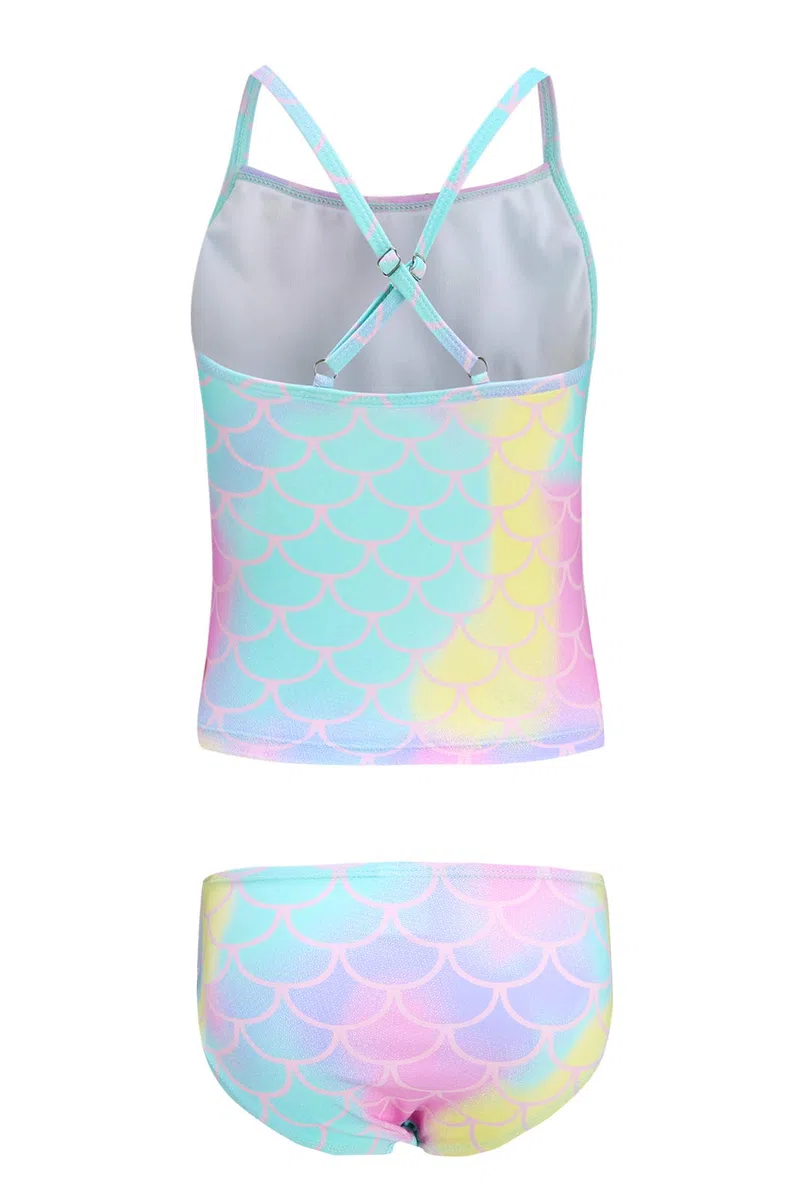 Aisyee Traje de baño para niña, tankini de dos piezas, traje de baño floral para niñas de 3 a 16 años, Rainbow Mermaid, 13-14 Años