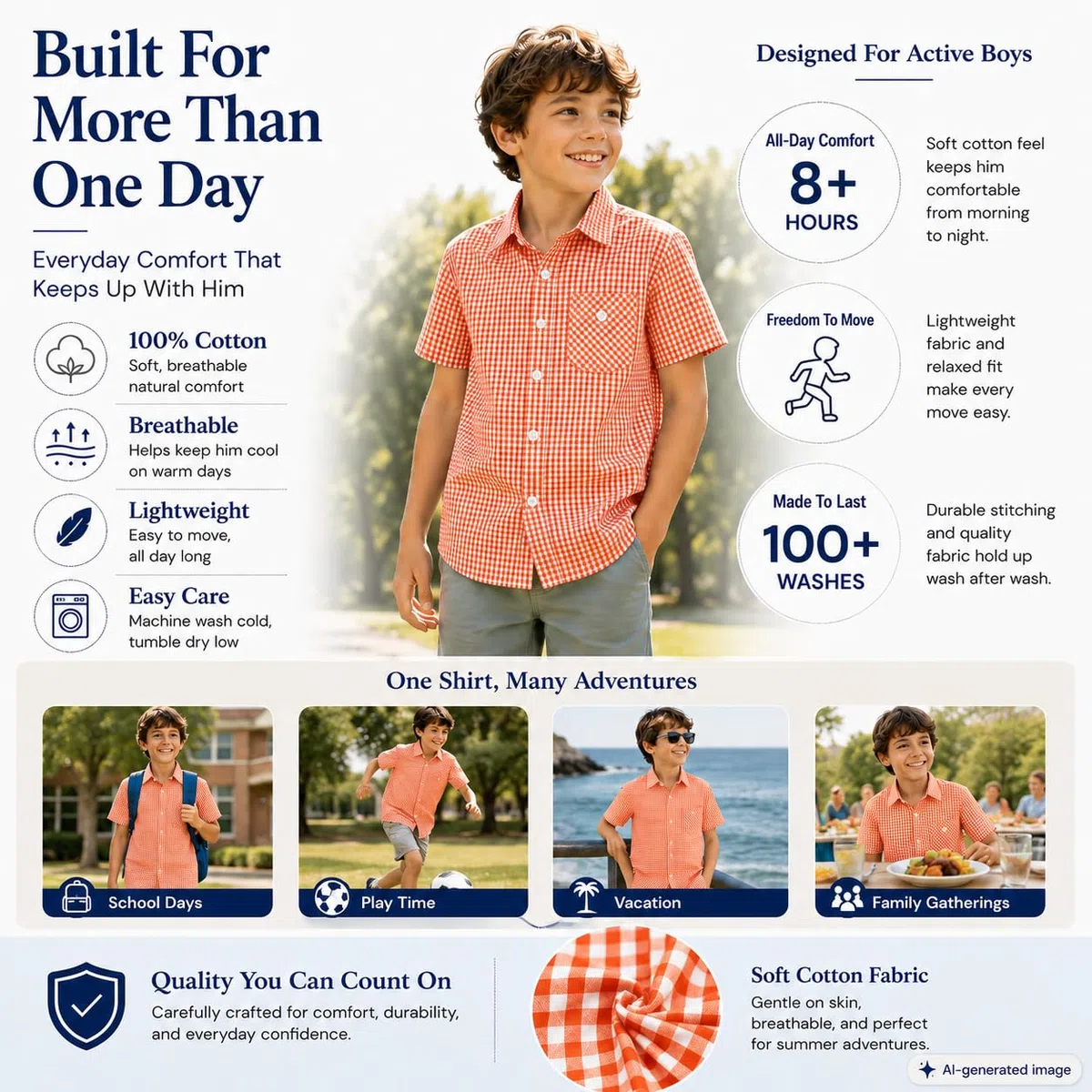 Bienzoe Camisa deportiva de manga corta de algodón a cuadros para niño - - 7-8 años