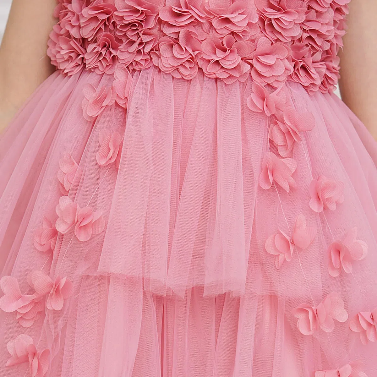 Vestidos para niñas: Elegante Vestido con Cola Floral 3D Fiesta Informal Edades de 7 a 12 años, Encaje, Ligero y Bordado, Ideal Uso Diario, Tendencia Infantil Estilo Casual # L