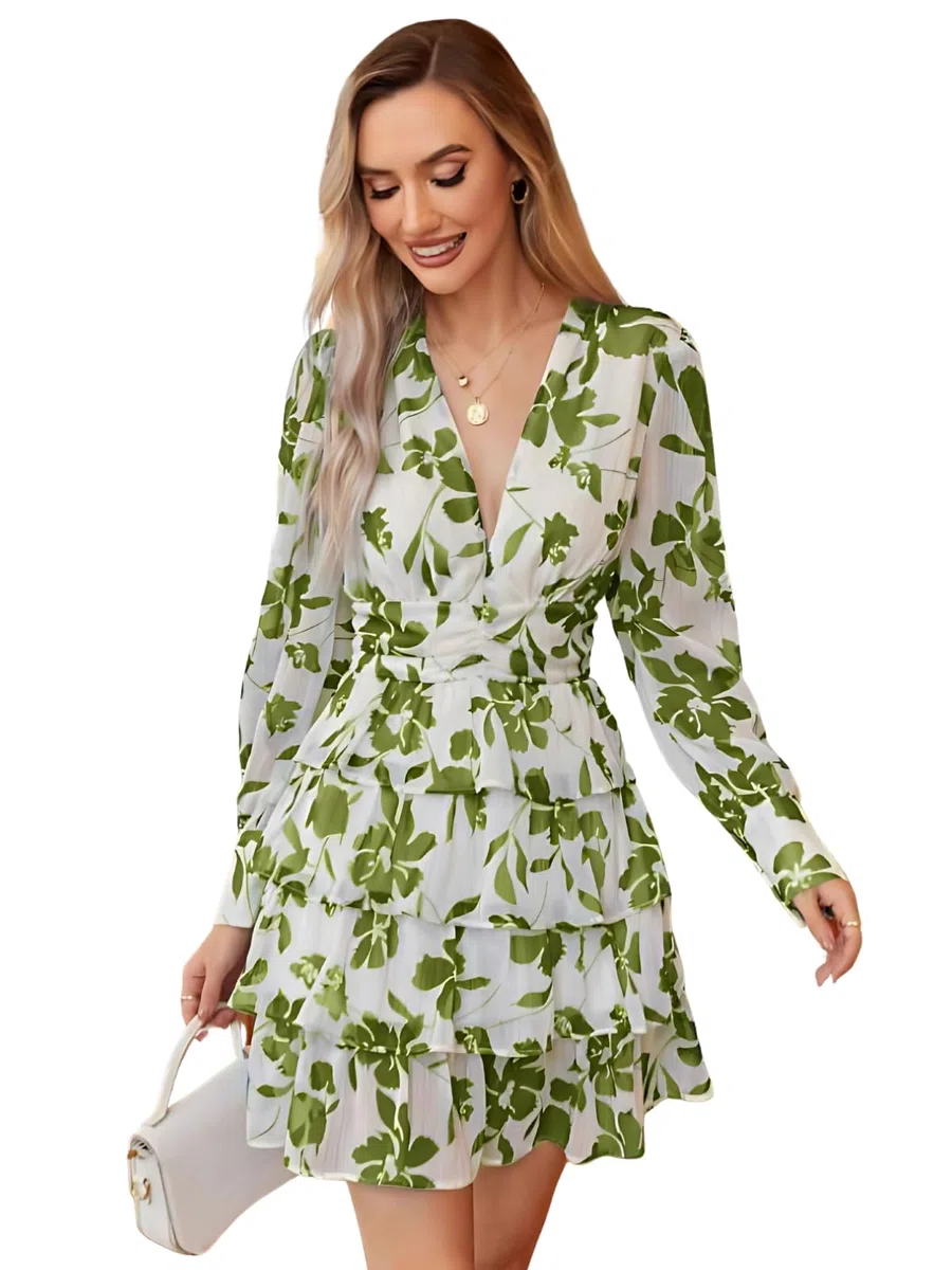 Leriya Fashion Minivestido de manga larga con volantes y cuello en V para mujer, elegante ropa casual de fiesta, ropa ligera de verano en capas