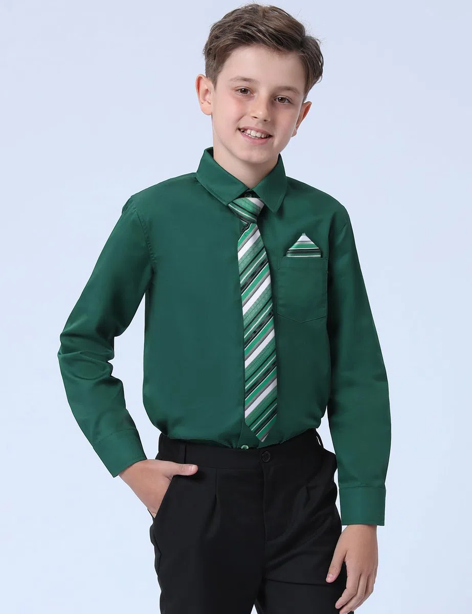 A&J DESIGN Camisa de vestir para niños de manga larga formal uniforme escolar Oxford con botones y corbata y pañuelo | Para todas las estaciones, suave, duradero, versátil, fácil cuidado, corbata preatada, transpirable, ajuste regular