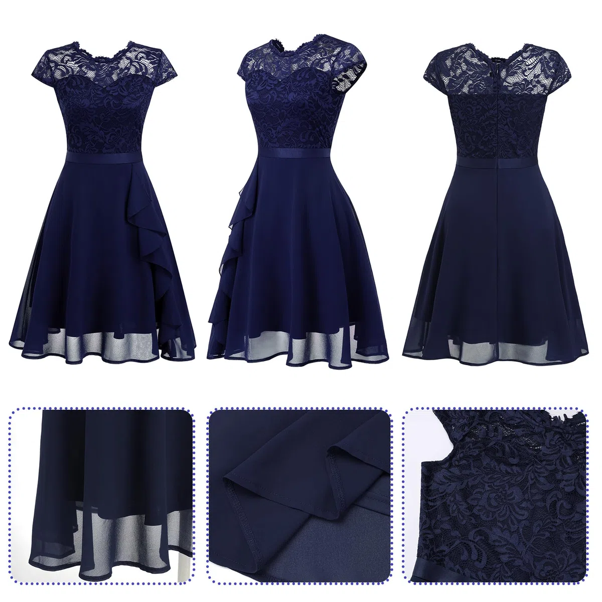 Odizli Vestido de cóctel para mujer, elegante, manga corta, encaje, volantes, gasa, festivo, boda, vestido de noche