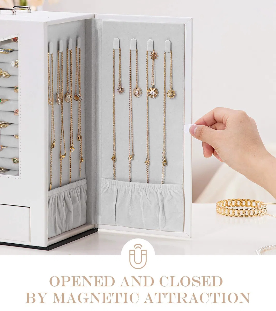 Homde Joyero con ventana de cristal real, collares, ganchos, joyero, armario para collares, anillos, pendientes, pulseras, regalo para mujeres, color blanco | Organiza collares, anillos, relojes y pendientes, mesa de tocador, ventana transparente y gancho