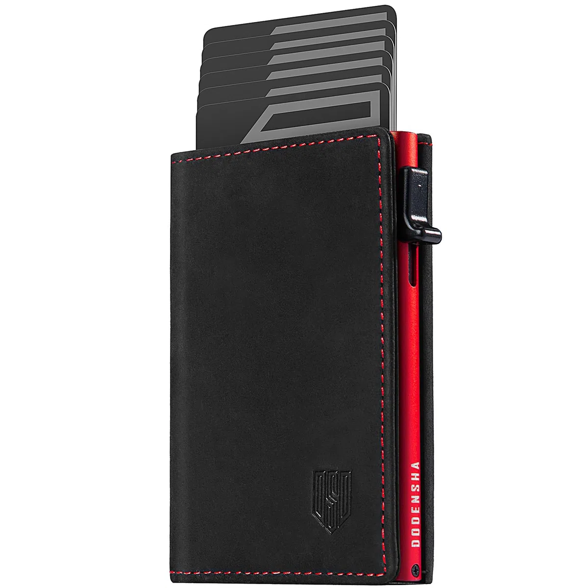 DODENSHA Cartera de Hombre Portátil de Cuero Genuino Marrón con Protección RFID, 10+ Tarjetas de Crédito, Portamonederos, Cierre Magnético, negro / rojo, 10cm x 6.5cm x 2cm, Minimalista