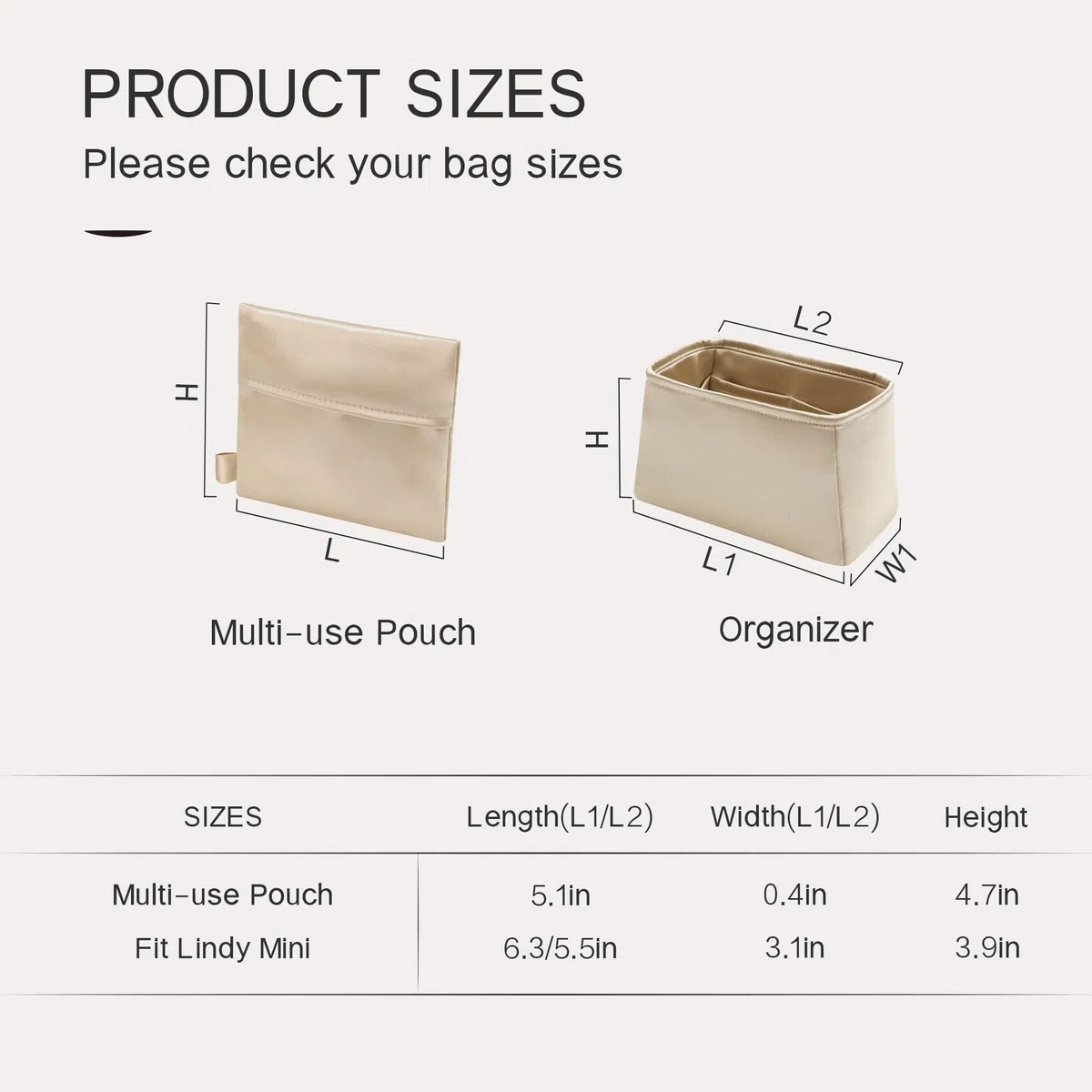 Organizador de monedero para bolsos, organizador de bolsas de seda para bolsa y bolso de lujo, bolsa de mano, suave y sedosa, organizador de bolsas compatible con Lindy 19 (LD19, champán)