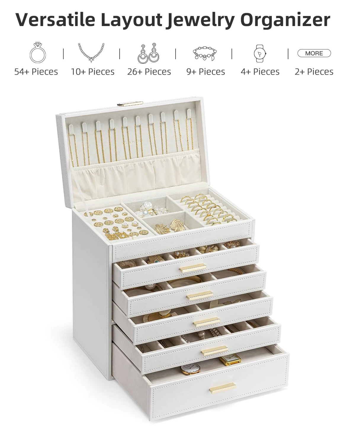 Vlando Joyero grande de 6 capas, organizador de joyas con soporte para collares, almacenamiento de joyas para anillos, pulseras y relojes, regalo para mujer (blanco)