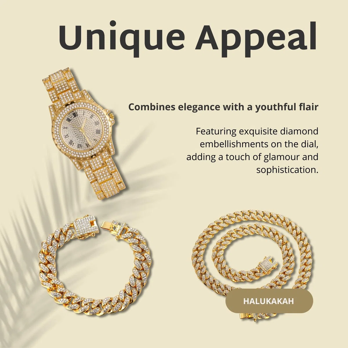 HALUKAKAH Reloj de Oro con Diamantes para Niños,Adolescentes - Chapado en Oro 18K/Platino,Esfera Redondo 39mm,Cuarzo Japonés - Longitud 19cm - Opcional con Cadena Cubana,Herramienta de Ajuste Incluye