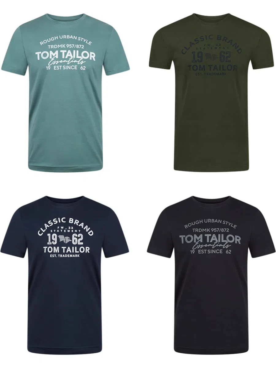 TOM TAILOR Camiseta para hombre, paquete de 4 unidades, cuello redondo, manga corta, corte regular, estampado de verano, 100% algodón, negro, blanco, verde, rojo, azul, gris