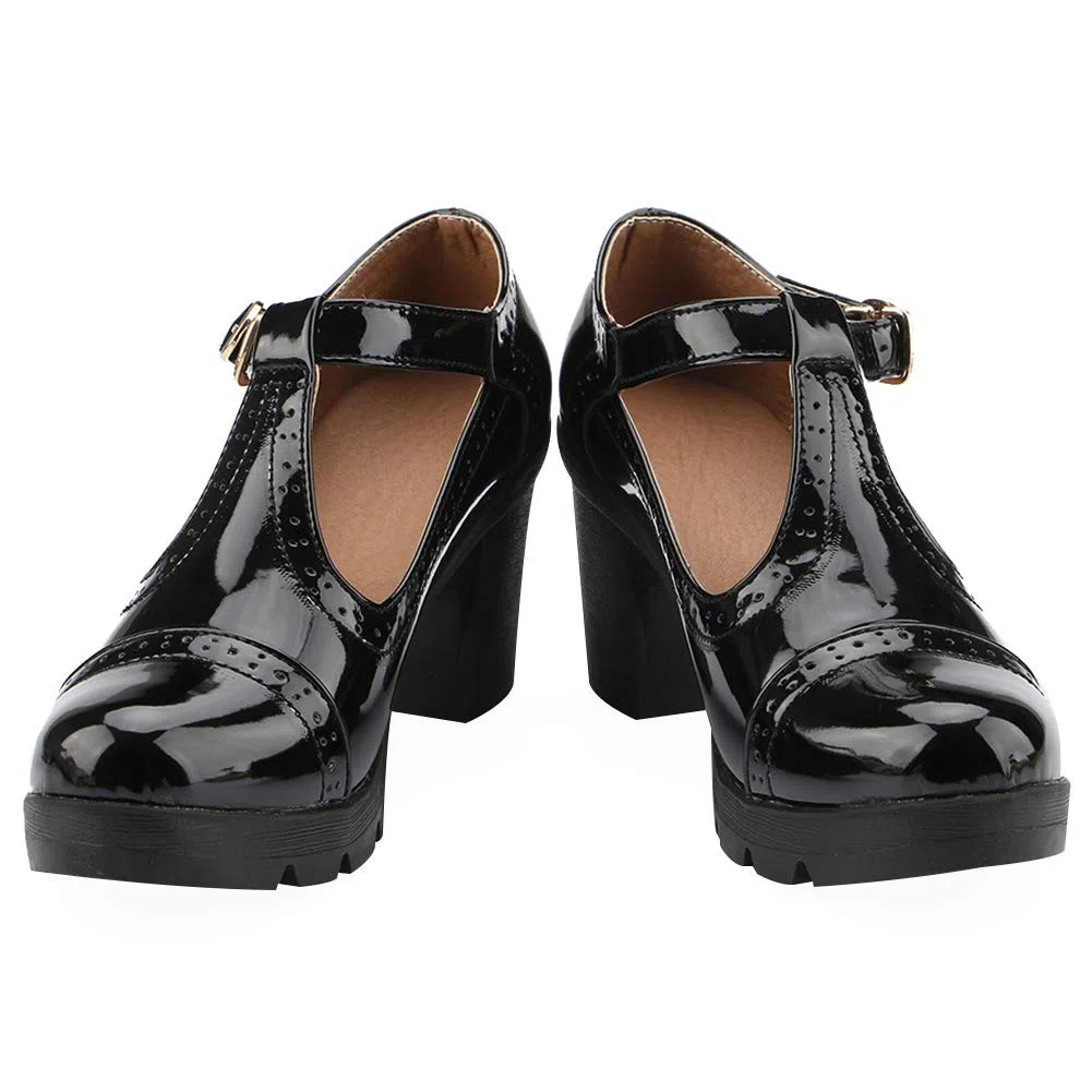 ANUFER Mujer Medio Tacón Grueso Mary Janes Brogue Bombas | Correa en T Ajustable, Cuero Sintético, Uniforme Oficina Zapatos de Vestir