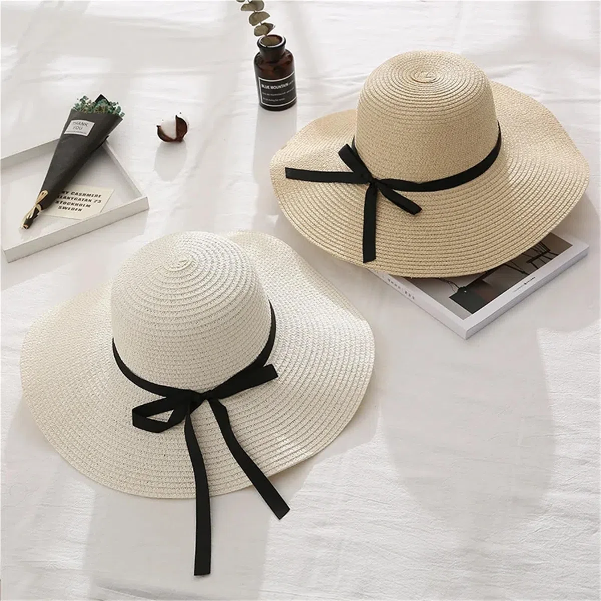 Sombrero Paja 1 Uds. Sombrero de Paja ala Ancha Verano a la Moda diseño Lazo Plegable Sol Playa for Mujer Estilo Coreano Accesorio Vacaciones Hecho a Mano | Beige