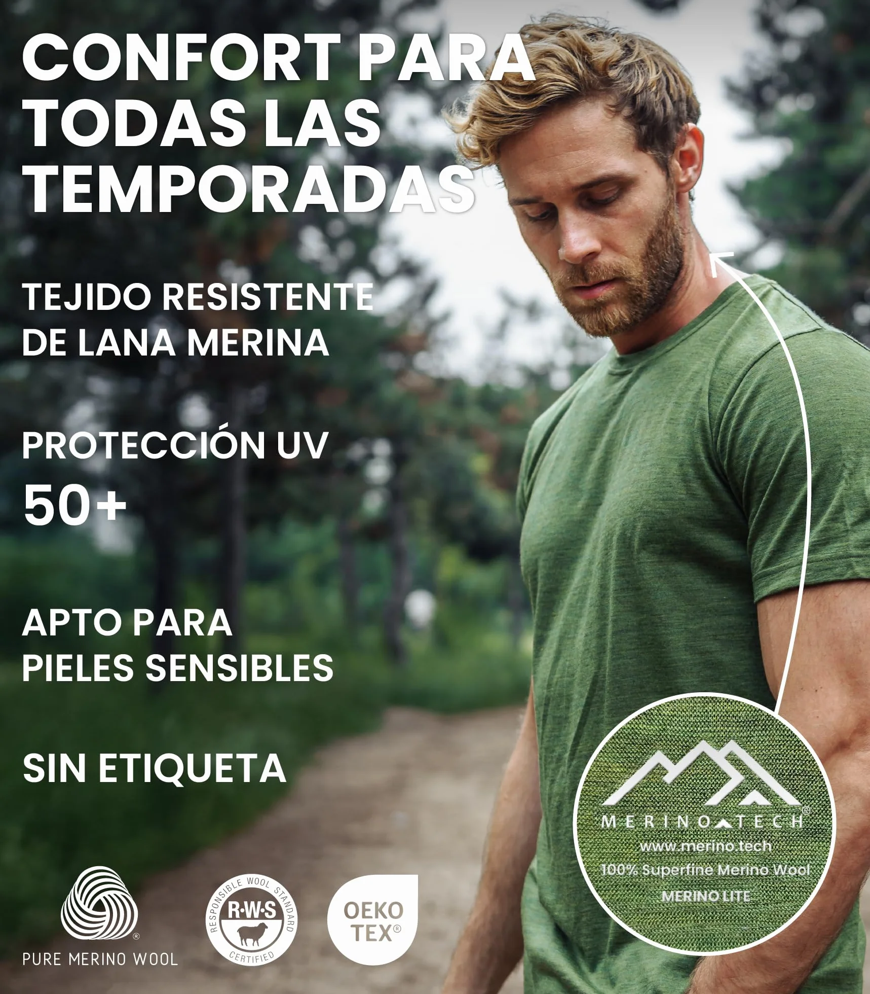 Merino.tech Camiseta Lana Merino Manga Corta Hombre - Camiseta Trekking Hombre Lana Merino Capa Base Ligera