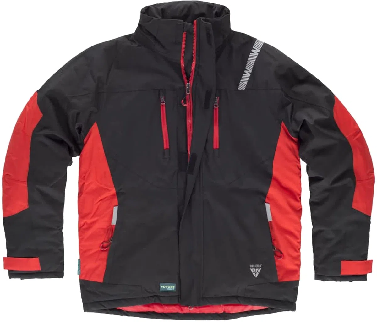 Teamwork WORKTEAM Parka con capucha combinada y detalles reflectantes, Acolchada. Ideal para trabajo, tiempo libre, etc. Unisex Negro+Rojo-XXL