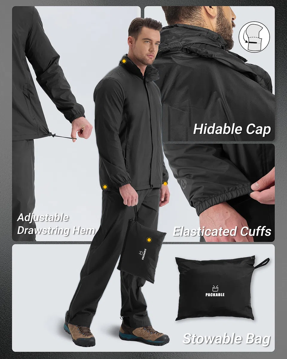 Traje impermeable reflectante para hombre, impermeable al aire libre, chaqueta de lluvia a prueba de viento+pantalones de lluvia transpirable para pesca, senderismo, camping