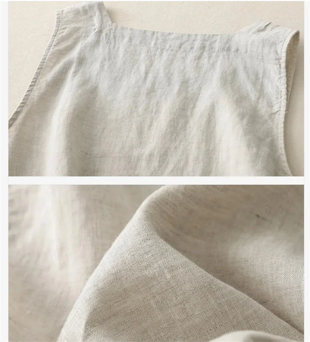Camiseta básica de algodón y lino para mujer, de verano, cuello cuadrado, sin mangas, estilo vintage, holgada