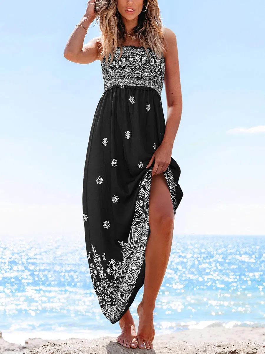CUPSHE Vestido largo para mujer, floral, fruncido, sin mangas, con volantes, tirantes delgados, vestido formal largo para la playa