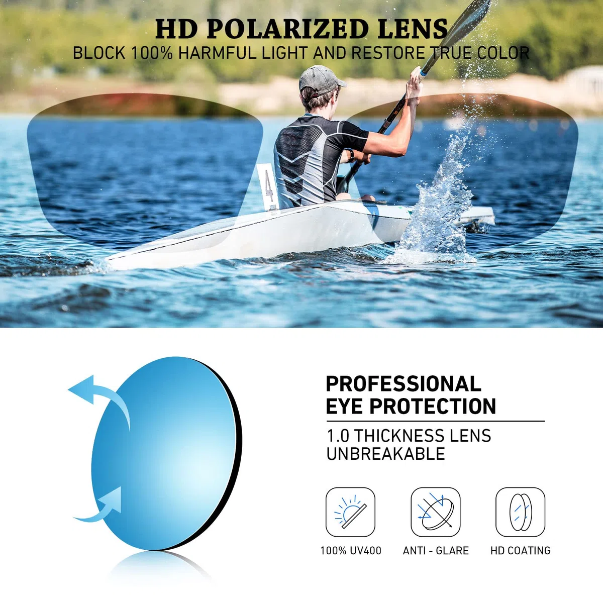 Gafas de sol polarizadas para hombres y mujeres, gafas rectangulares de conducción de pesca, protección UV400, Marco negro/lente ahumado + marco negro/lente espejo azul oscuro, Medium